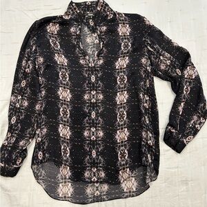 Theory Black and Pink Long Sleeve Silk Collar Blouse